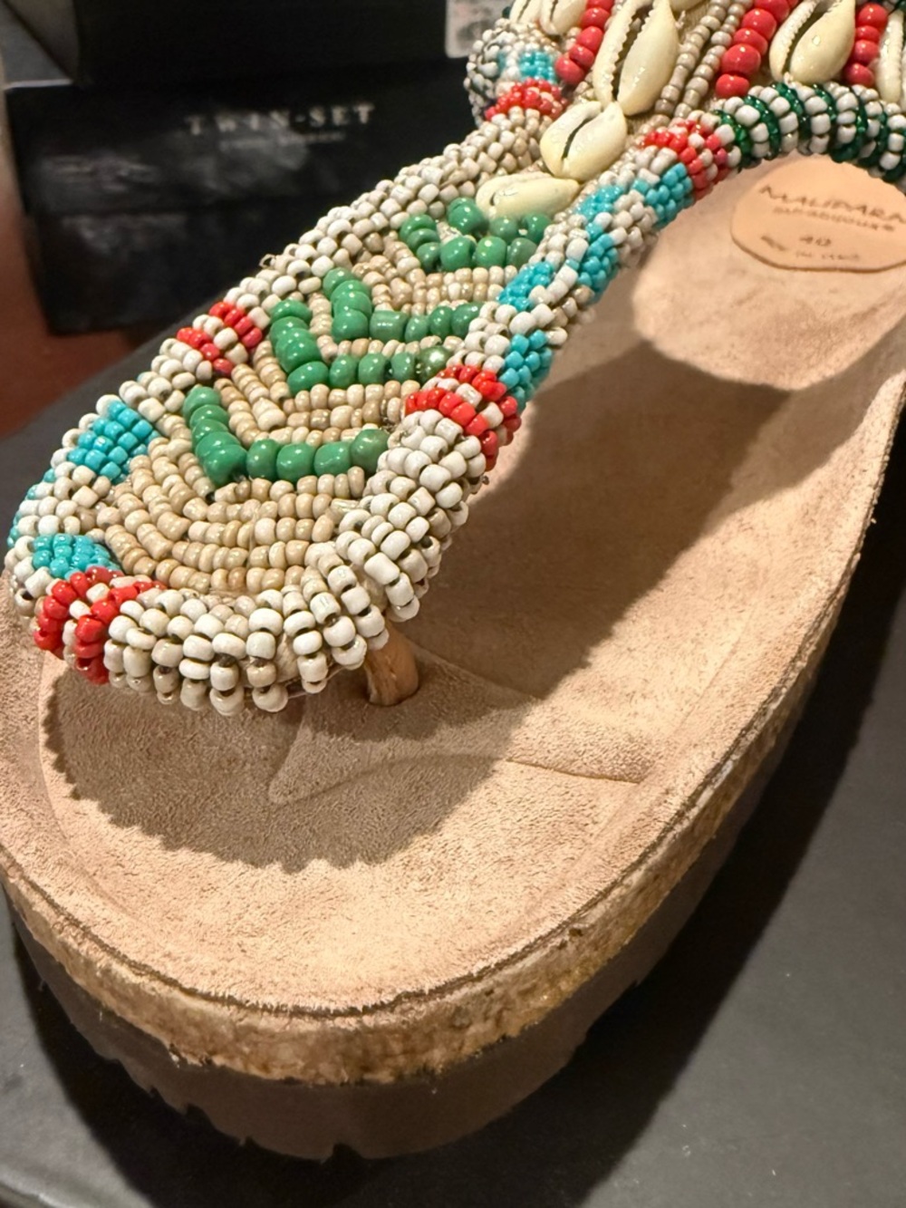 Beaded T-Strap Sandal in Beige with Multicolor Accents - Picture 2 of 6